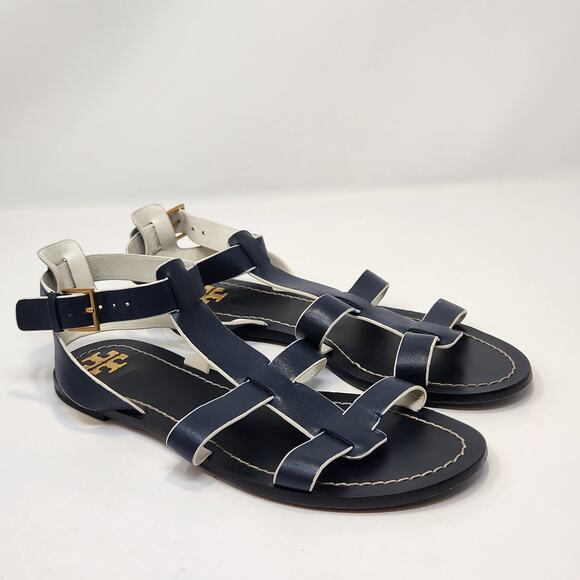 Tory Burch Navy Blue White Leather Gladiator Sandal Women Size 7M Ankle Strap - Picture 1 of 9